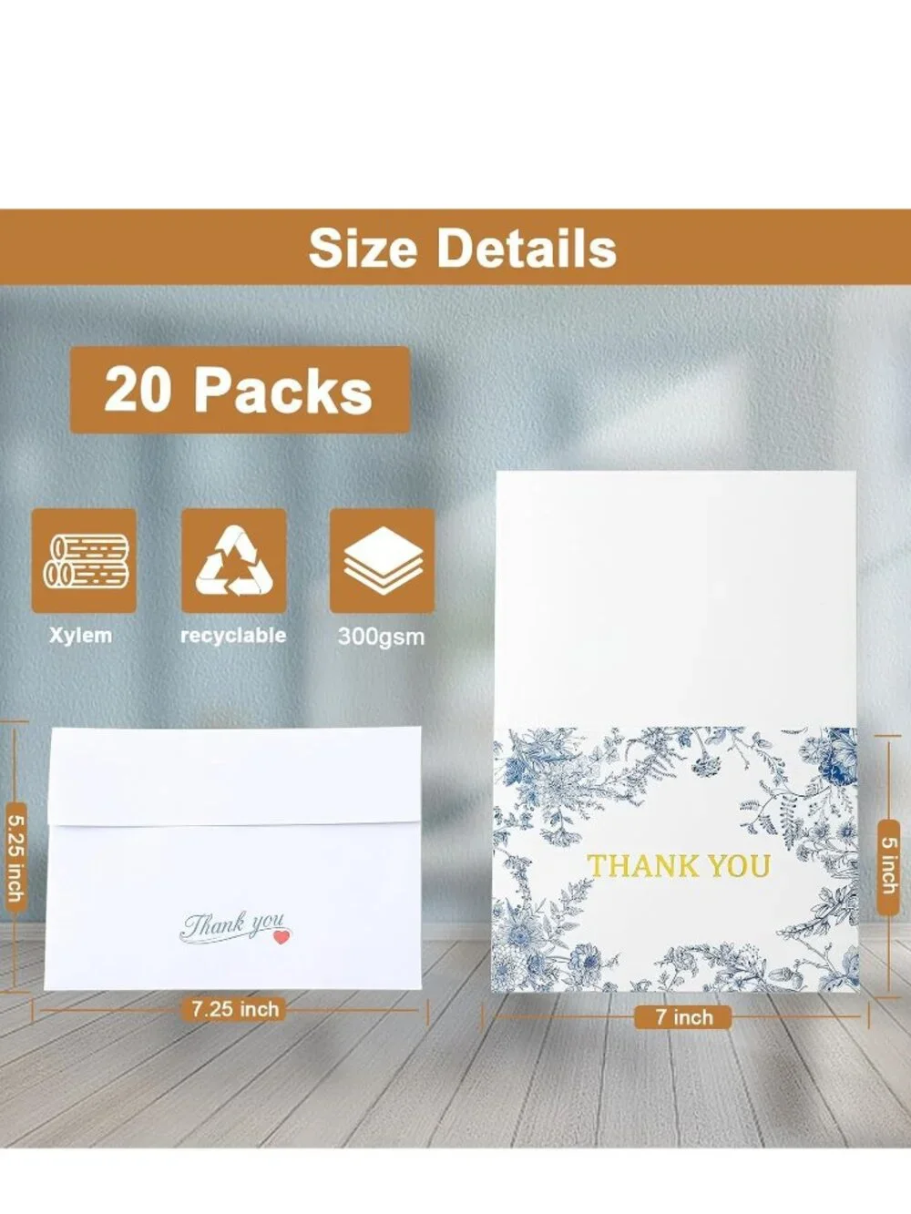 Blue Floral Gold Foil Thank You Cards and Envelopes
